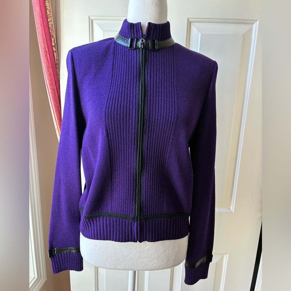 St. John Purple Zip-Front Knit Cardigan